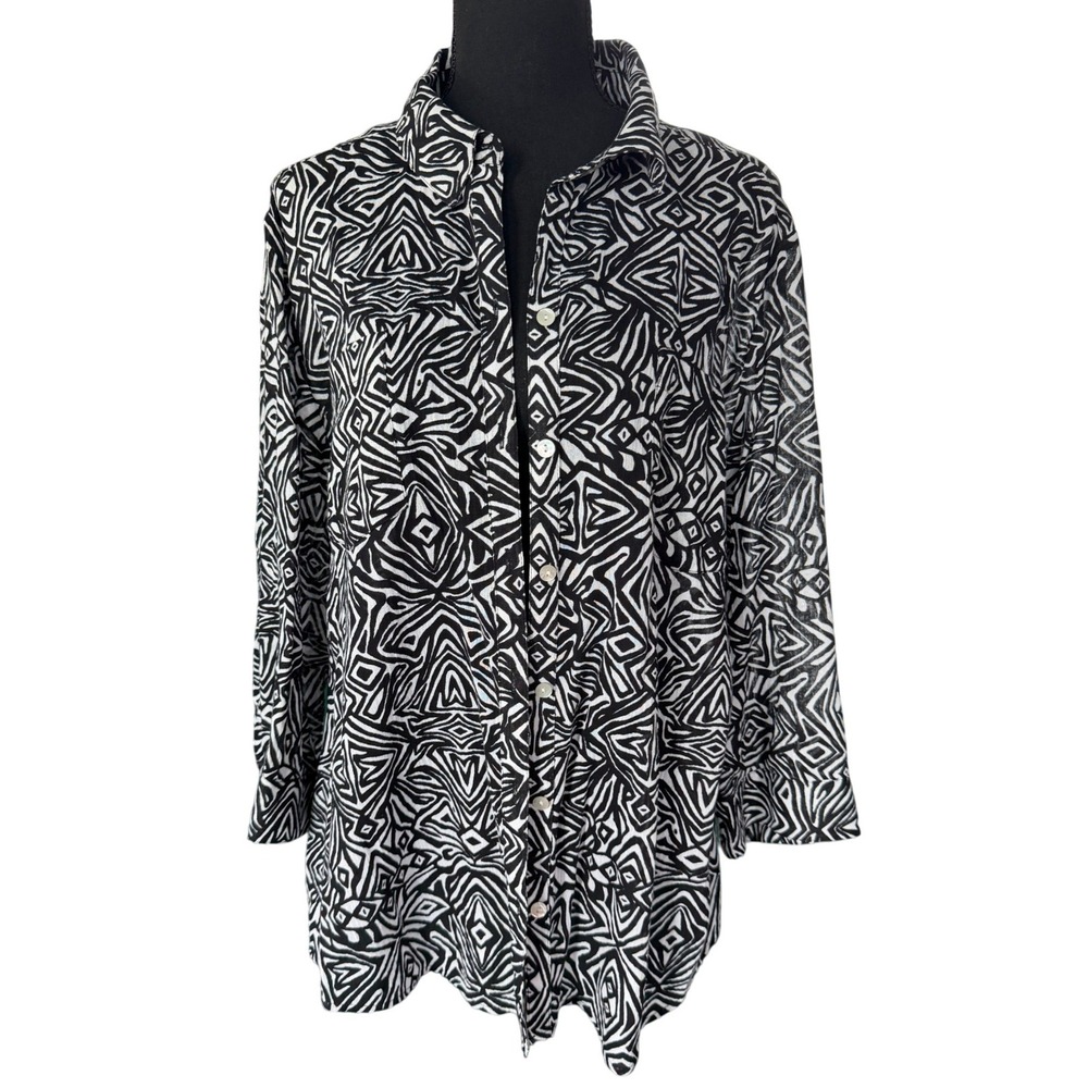 Chicos Black White Geometric Tribal Cotton Button Down Shirt Womens Size 3 XL